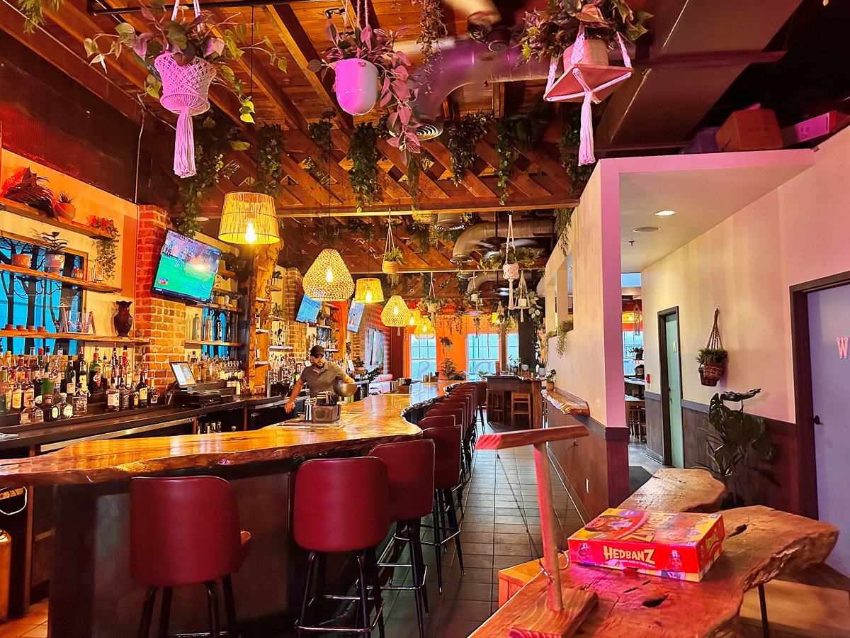 bar with wooden furniture and greenery hanging from ceiling
